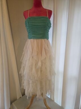 Vtg Mint Green Off White Layered Midi Dress Ruched Bodice Spaghetti Or Strapless